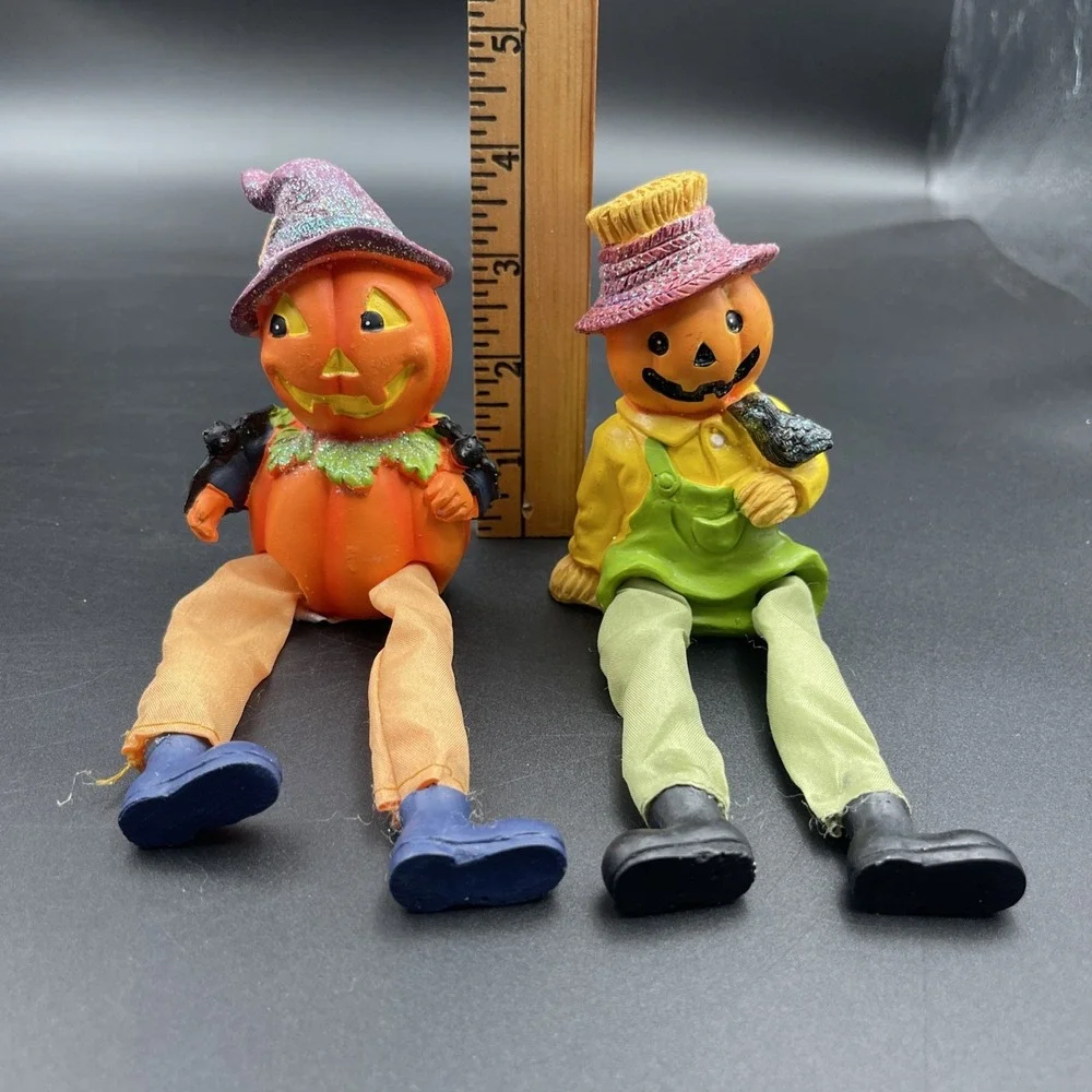 Set of 2 Halloween Jack O Lantern Shelf Sitters Pumpkin Scarecrow Witch Decor